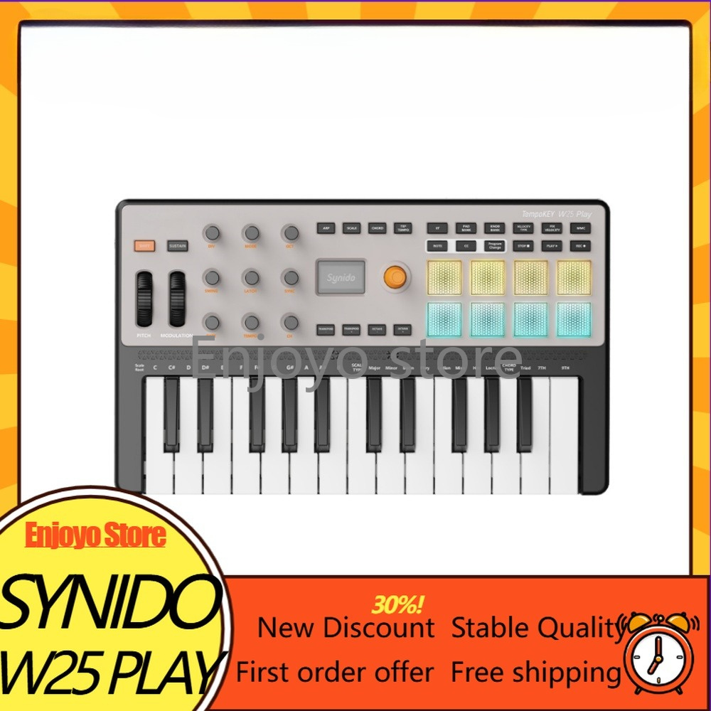Midi Controller Pad - Synido TempoKEY W25：ワイヤレスMIDIキーボードコントローラー、25鍵、8つのRGBビートパッド、Bluetooth接続、ビートメーカー機能、音楽制作用。