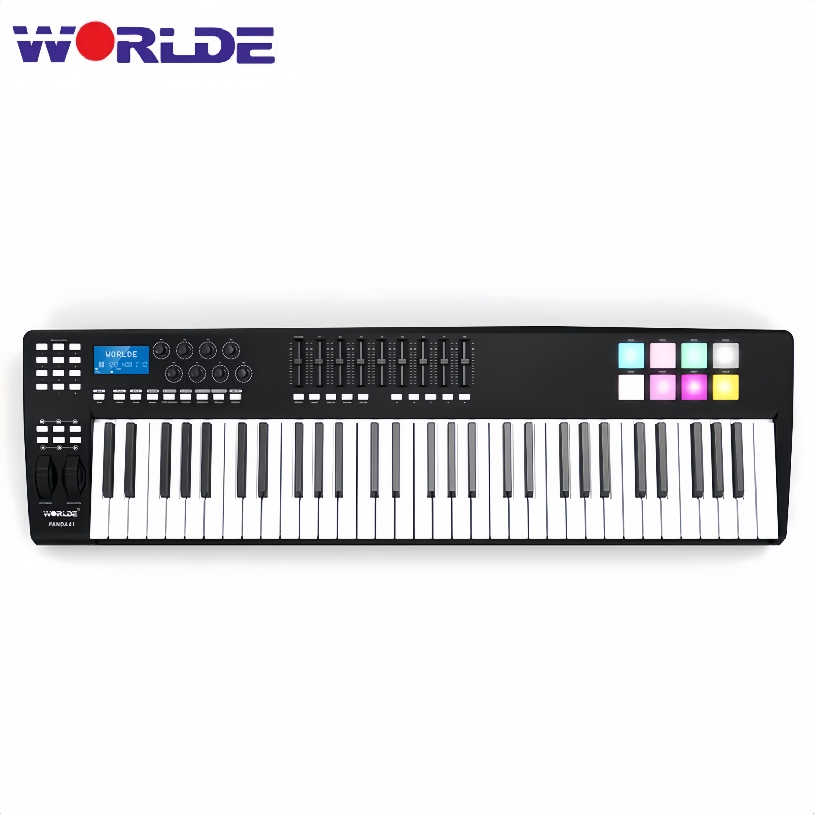 Midi Controller Pad - WORLDE PANDA61 61鍵 USB MIDIキーボードコントローラー。8つのRGBバックライト付きパッドを搭載。iOSおよびAndroidに対応し、プラグアンドプレイで簡単に使用可能。音楽スタジオや初心者へのプレゼントに最適。