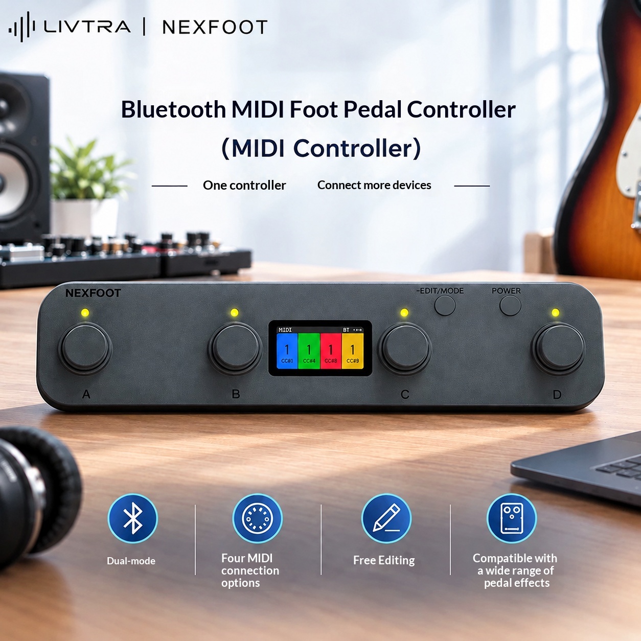 Midi Controller Pad - LIVTRA NEXFOOT Bluetooth MIDIフットコントローラー。4つのロータリーフットスイッチ、プリセット切り替え機能、エクスプレッション入力機能を搭載。ギターエフェクター用。